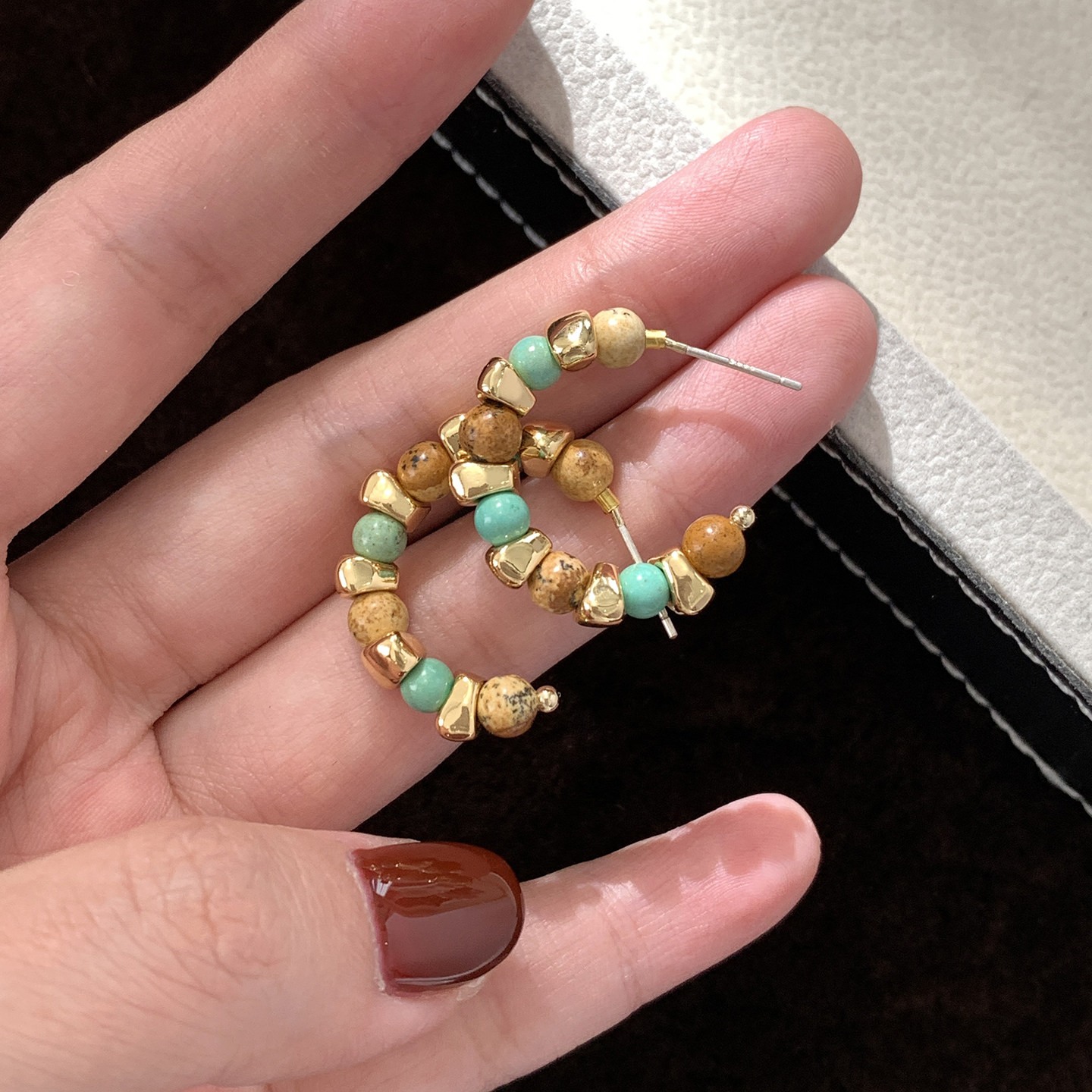 S925银针天然石C型耳环女