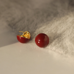 迷度S925银针高级感酒红色圆球耳环波多尔红显白耳钉新款爆款潮女