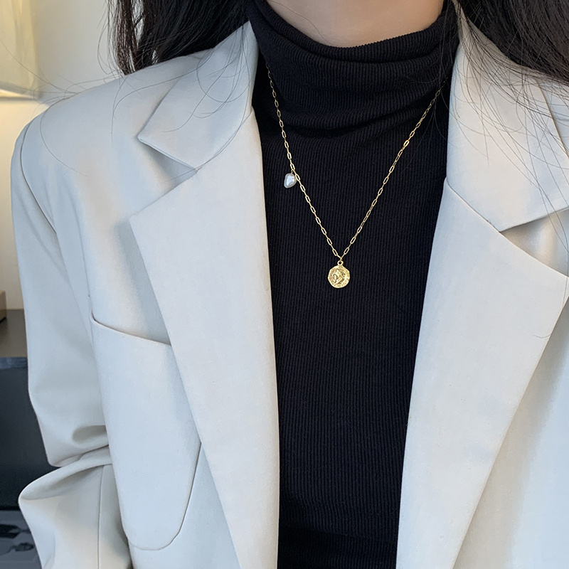 时髦高级感金币天然珍珠项链