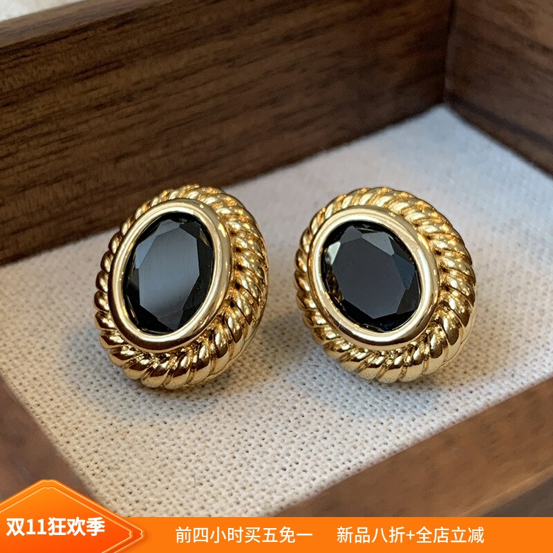 迷度S925银针vintage复古椭圆耳钉时髦耳环女法式优雅气质黑色女