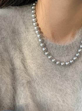 正圆强光银灰色珍珠项链毛衣链
