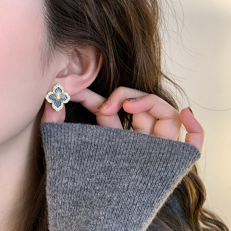 925银针耳钉女百搭轻奢菱形珐琅