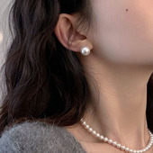 施家强冷光正圆人造珍珠耳钉气质耳环高级感耳夹纯银女夏 迷度