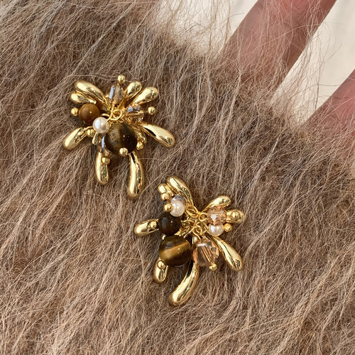 天然虎眼石耳钉S925银针烟花朵