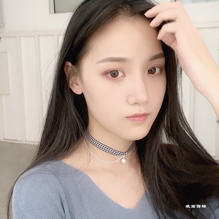 Jewelry ±£É«chokerË«²ãÕäÖé¶ÌÏîÁ´ºÚ¸ñ×Ó¾±Á´ÏîÈ¦Ëø¹ÇÁ´ Å®°üÓÊ