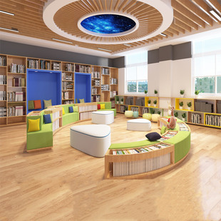 图书馆弧形组合实木书柜幼儿园早教简约异形沙发创意多功能书架