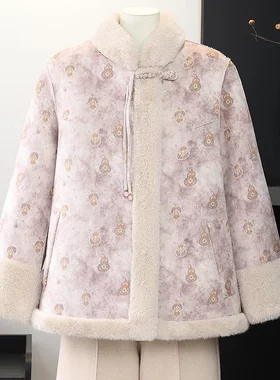 新中式两面穿毛领棉服女冬季新款加厚印花宽松保暖外套时尚妈妈装