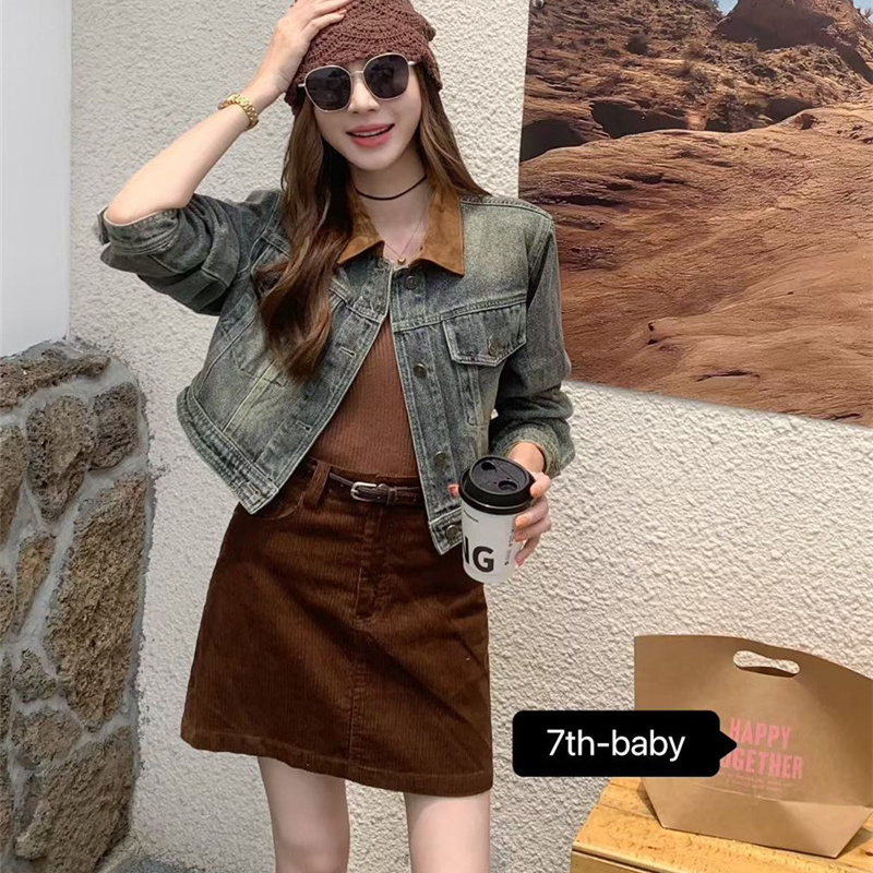 美式复古撞色翻领短款牛仔外套女秋季新款设计感辣妹时尚夹克上衣