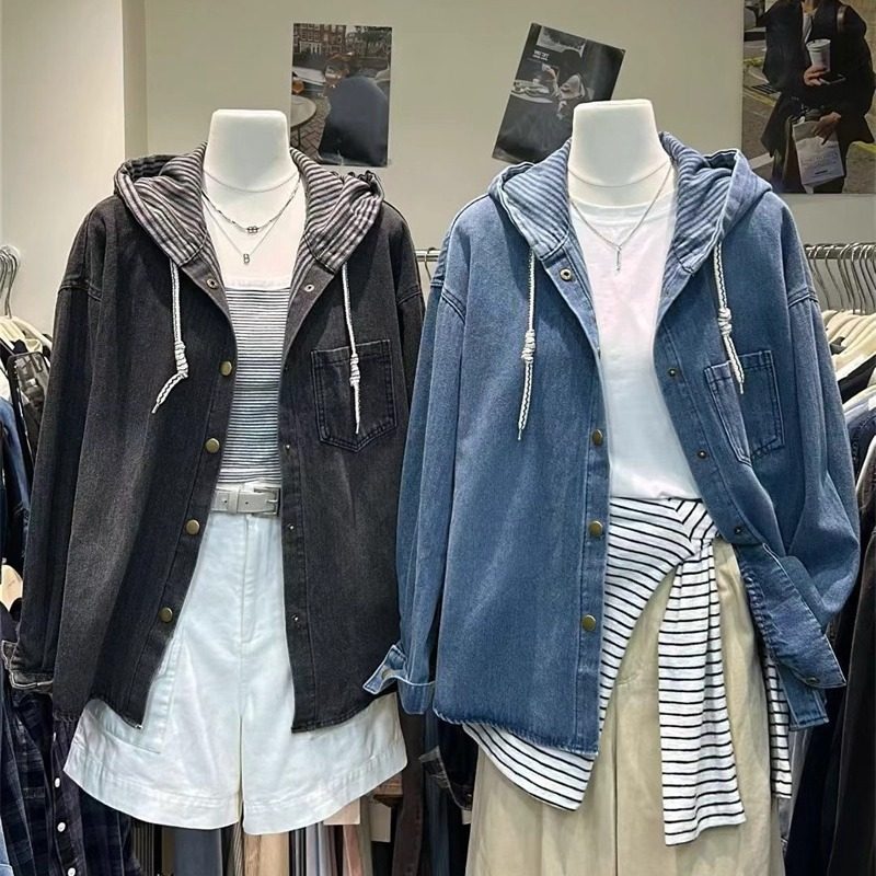 韩版时尚复古连帽牛仔外套女秋季新款设计感宽松显瘦百搭夹克上衣