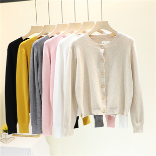 2025春秋新款韩版圆领长袖宽松外搭针织衫开衫女短款毛衣外套上衣