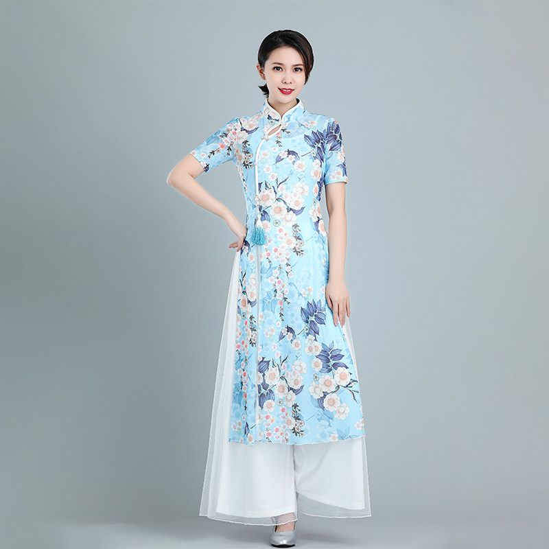 范儿丹斯装春夏新款印花古典舞旗袍走秀伞舞扇子舞广场舞修身长款