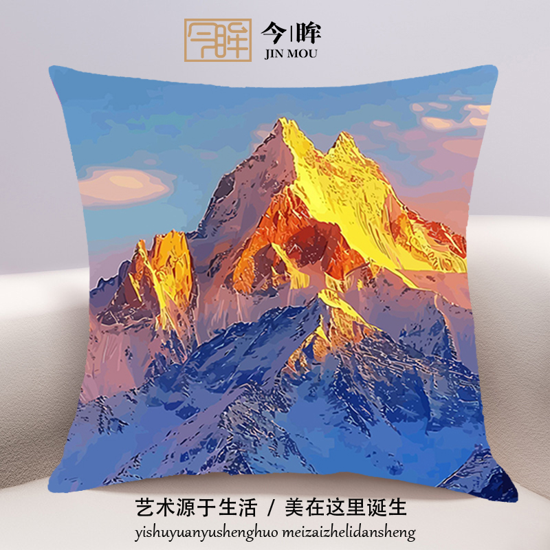 日照金山十字绣抱枕2025年新款客厅沙发卧室床头靠枕小件手工满绣