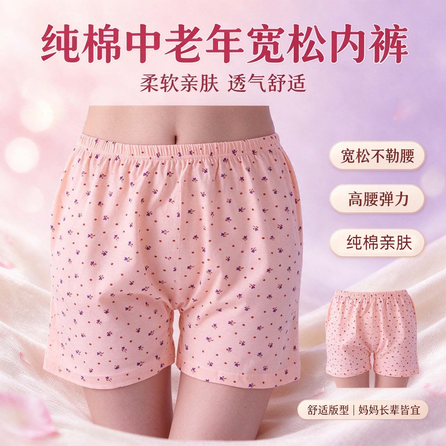 纯棉高腰平角裤女中老年宽松碎花内裤柔软透气四角裤头棉质女士