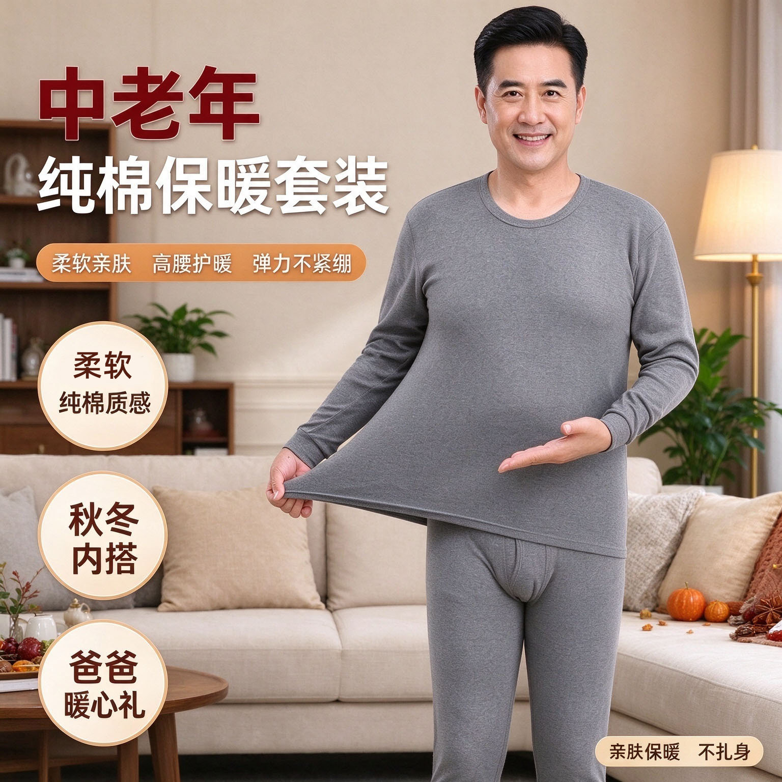 中老年男士保暖内衣套装秋衣秋裤纯棉长裤长袖全棉爸爸老年人毛衫