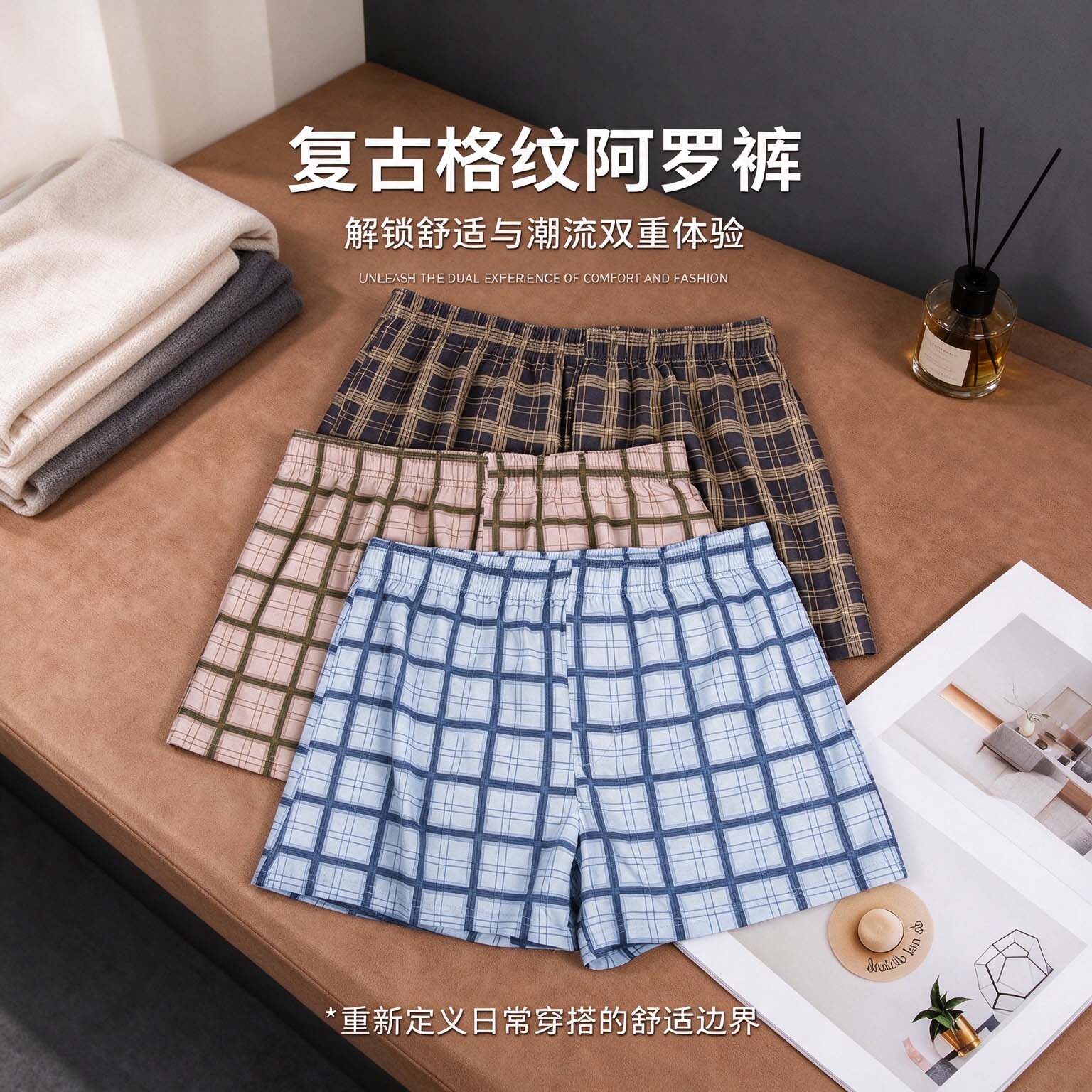 复古格纹阿罗裤男宽松透气内裤休闲短裤大码纯棉四角平角裤男款