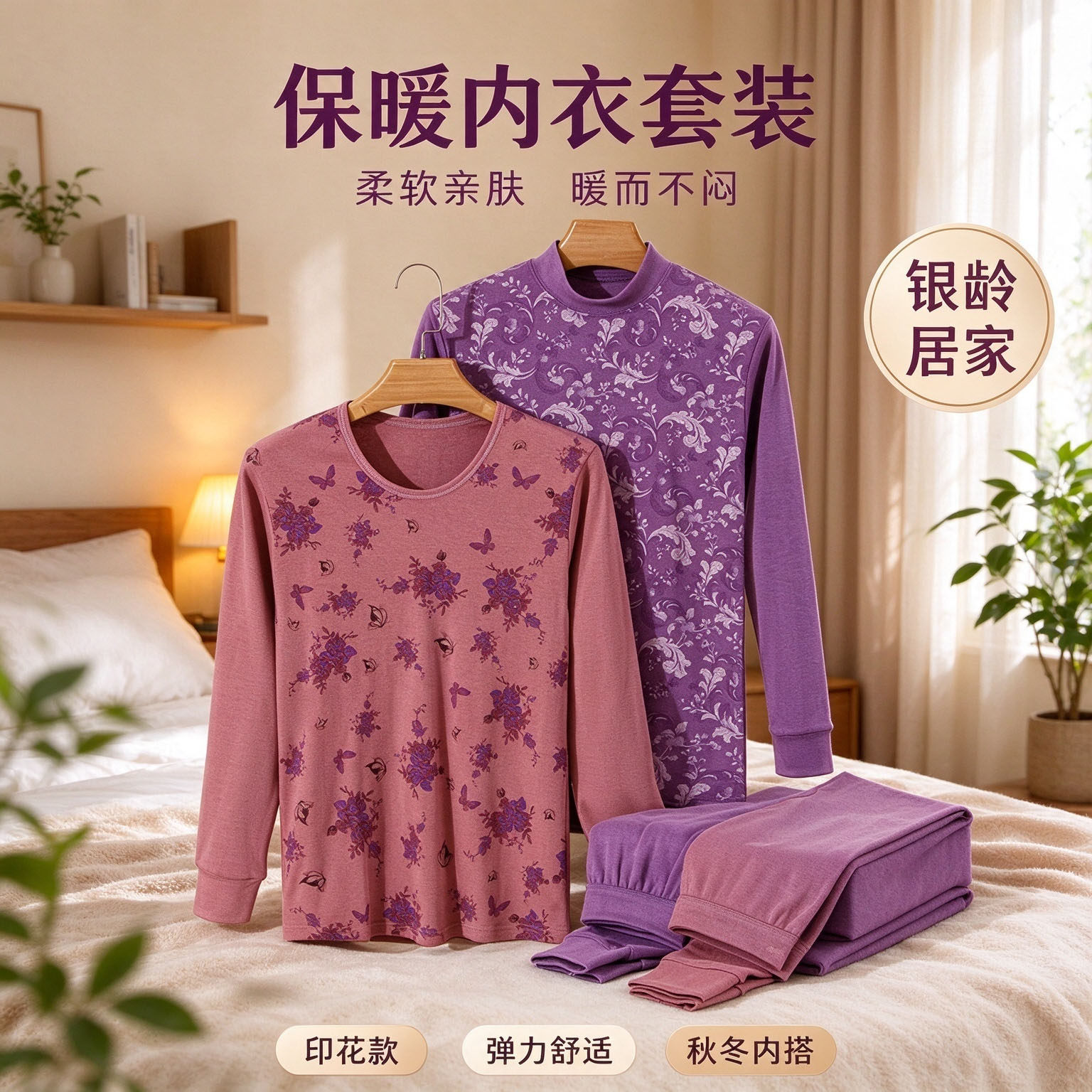 女士纯棉保暖内衣中老年女套装长袖长裤打底印花秋衣秋裤妈妈装