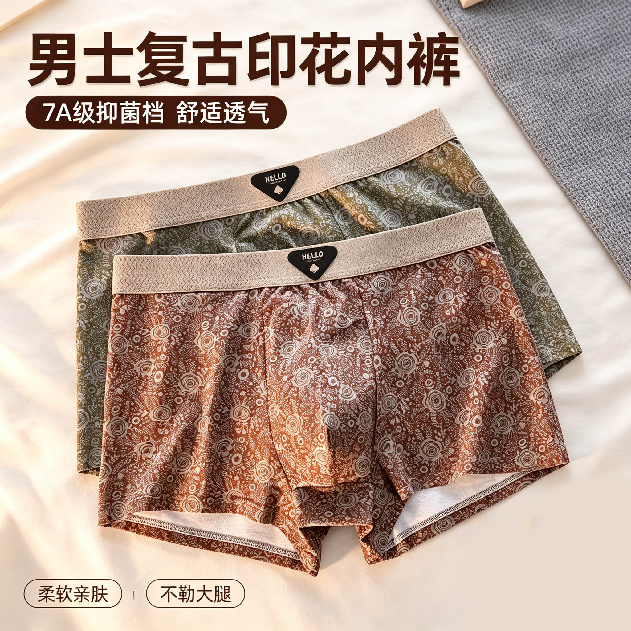 男士内裤复古印花抗菌裆平角四角裤头纯棉休闲短裤中腰潮流男款