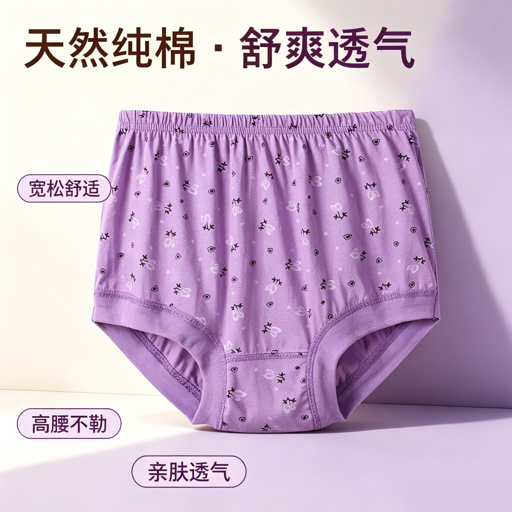 女士纯棉内裤中老年棉质三角裤头花卉印花舒适透气家居裤高腰女