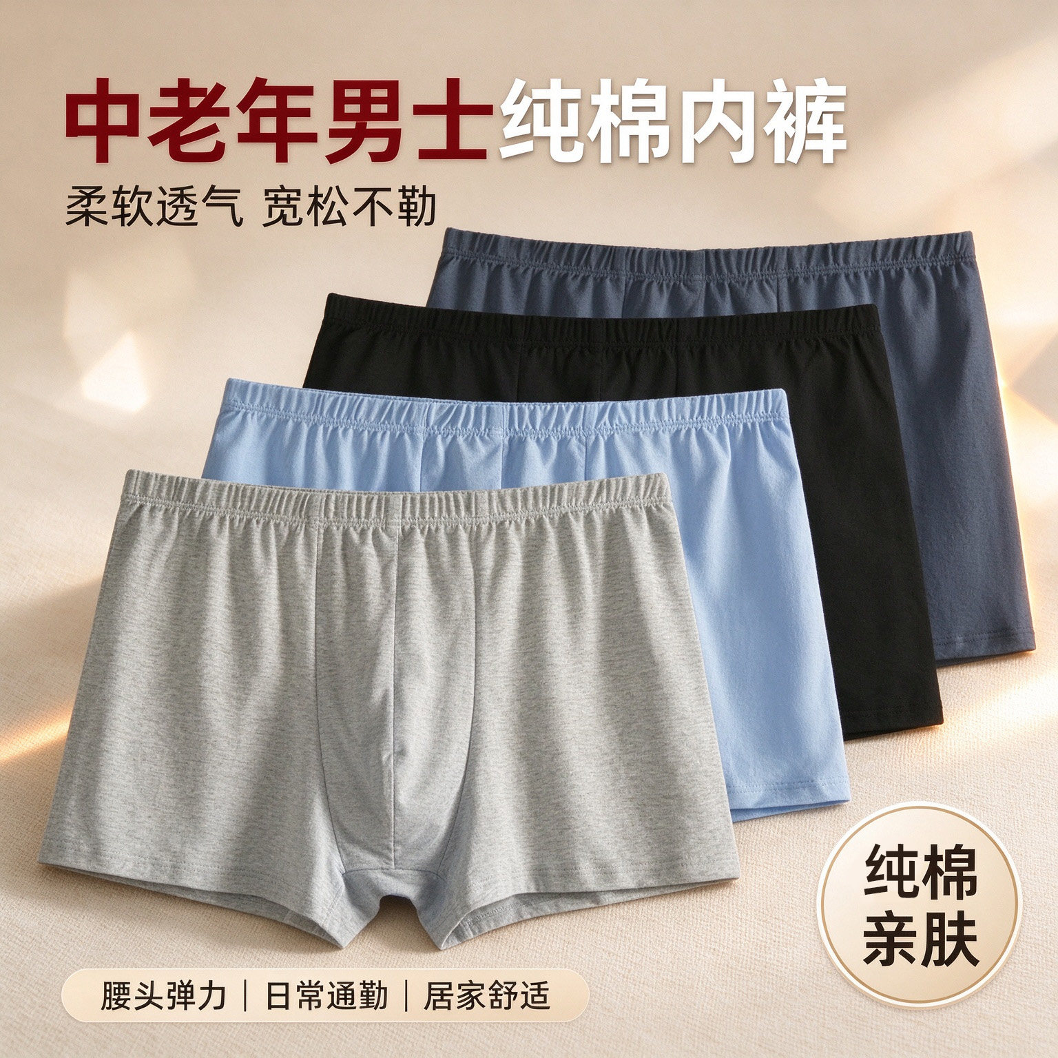 100%纯棉男士内裤中老年宽松四角裤头透气裤柔软平角裤衩全棉秋冬
