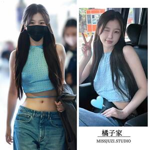 虞书欣同款蓝色缎面露背背心性感短款绑带辣妹挂脖吊带上衣春夏女