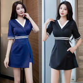 2026年美容师按摩气质高端收腰v领spa上班工衣中袖 养生馆两件套潮