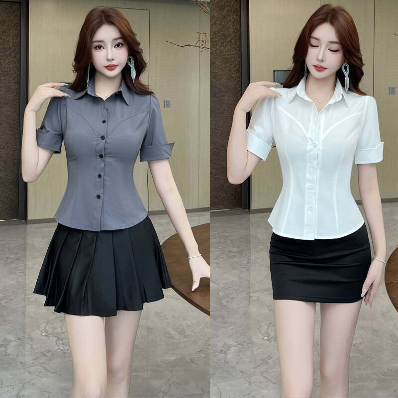 酒店KTV公主制服衬衫套装女收腰短袖工作服女减龄足疗技师制服潮