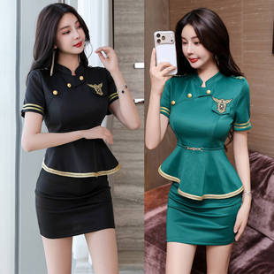 前台接待工衣套装 短袖 裙 春季 沐足养生技师工作服收腰显瘦包裙套装