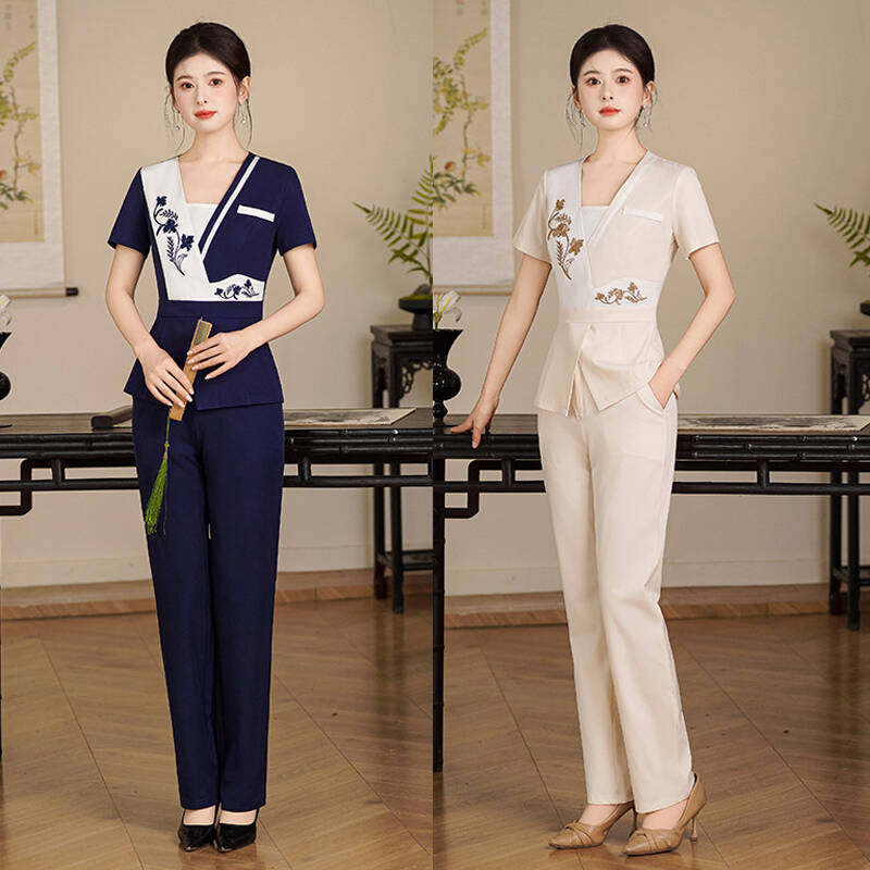 中式酒店工作服女V领短袖刺绣套装美容院spa气质高端裤装两件套女