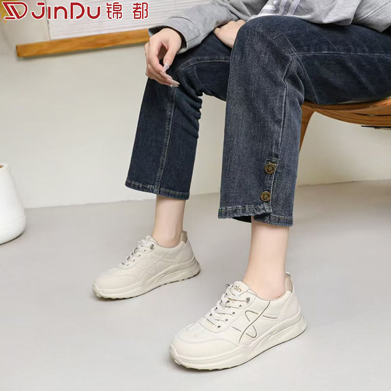 锦都厚底小白鞋女2026新款春一脚蹬轻便软底不累脚真皮运动休闲鞋