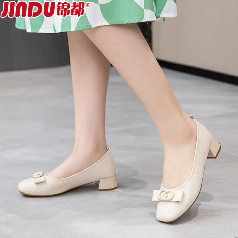 锦都浅口单鞋女2025新款粗跟通勤百搭女鞋不累脚法式配裙子高跟鞋