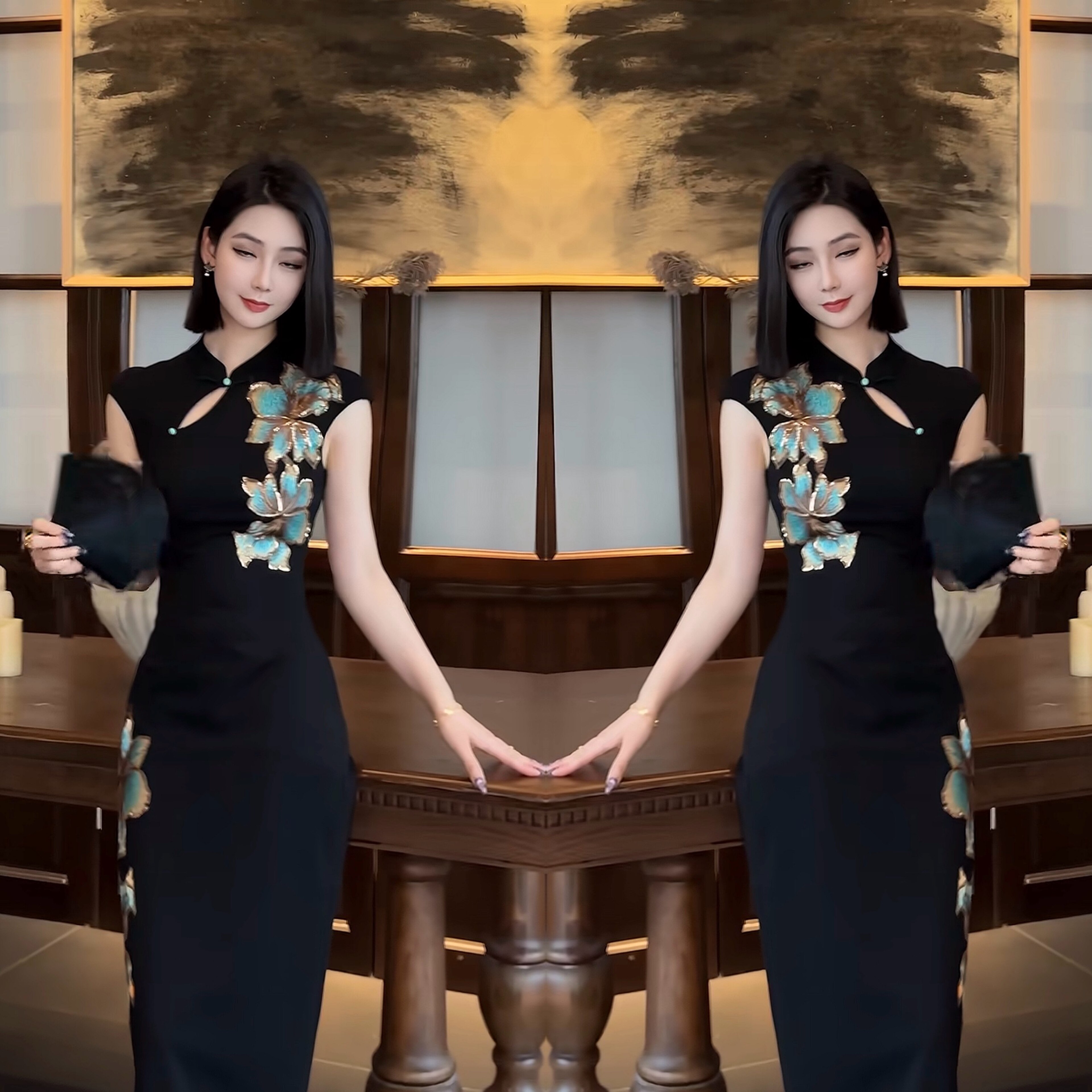新中式改良款收腰无袖旗袍裙