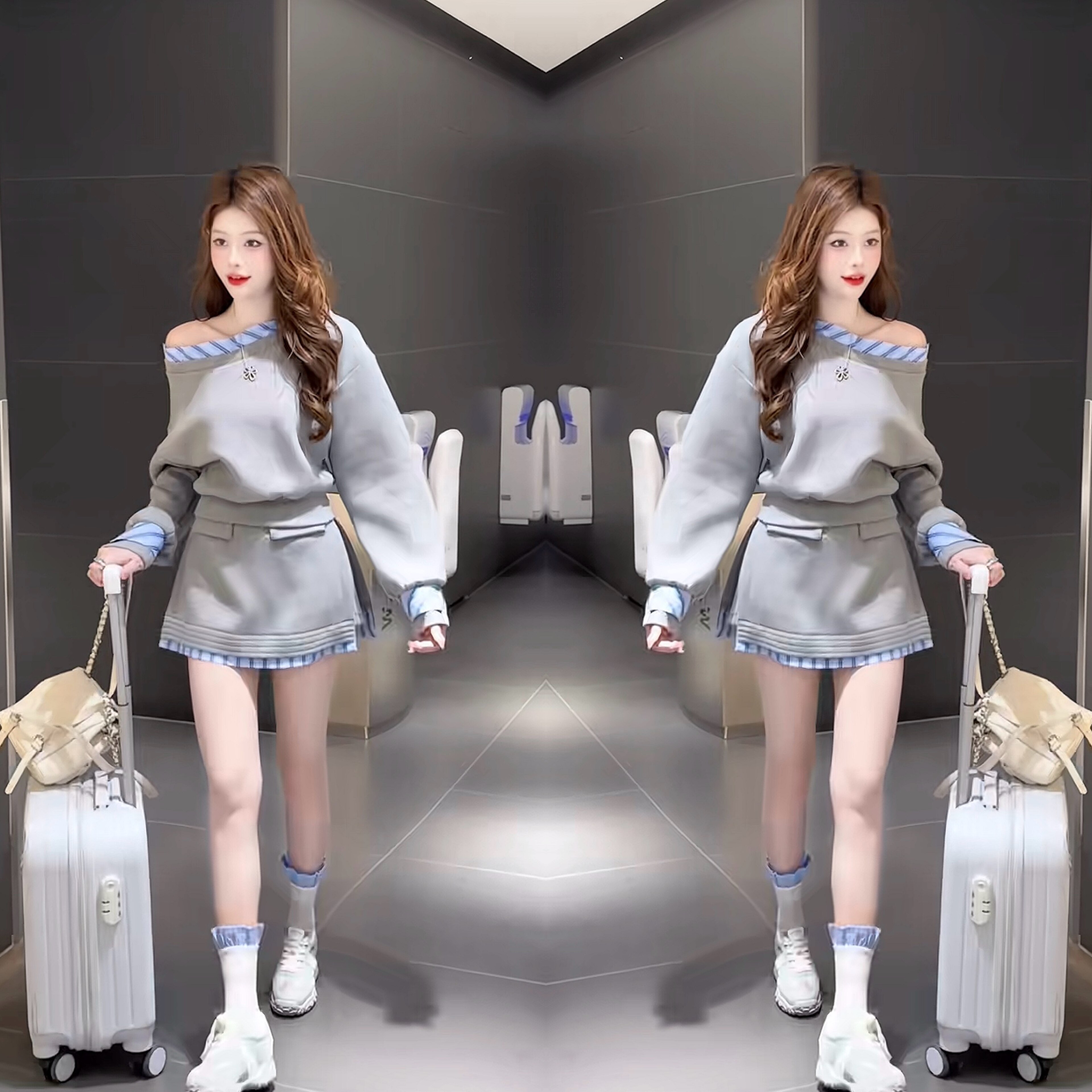 高级感减龄套装女2026春季新款慵懒风一字肩撞色卫衣半身裙两件套