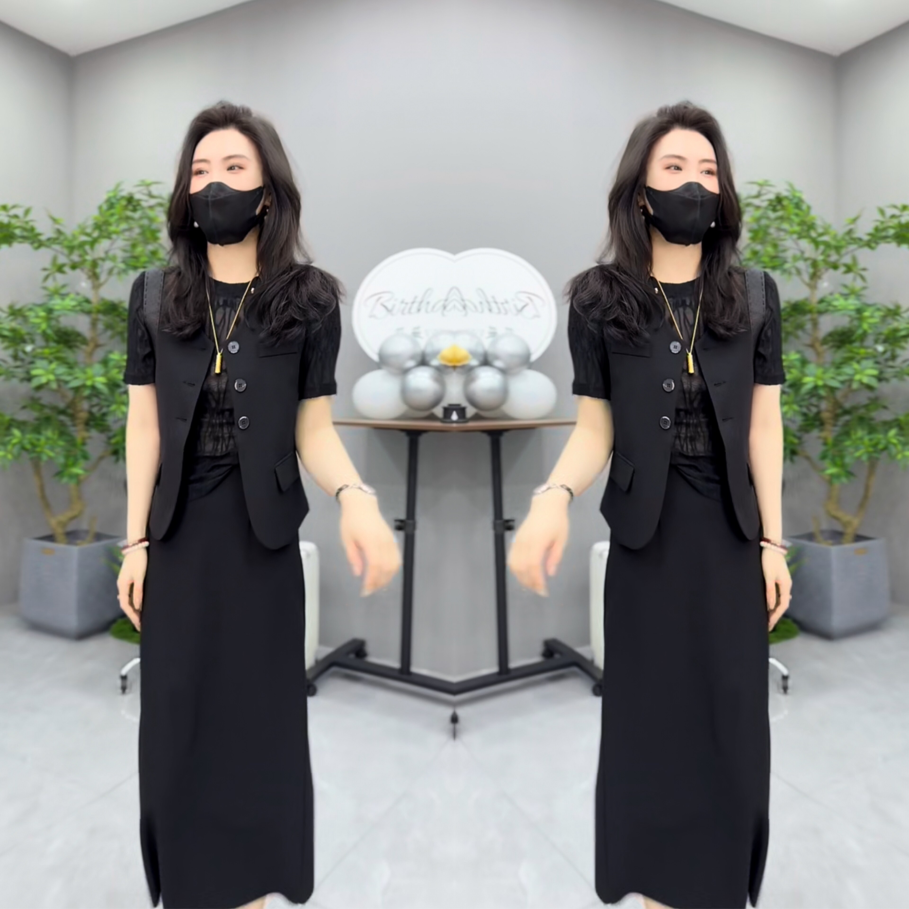 西装无袖马甲外套+开叉半身裙女