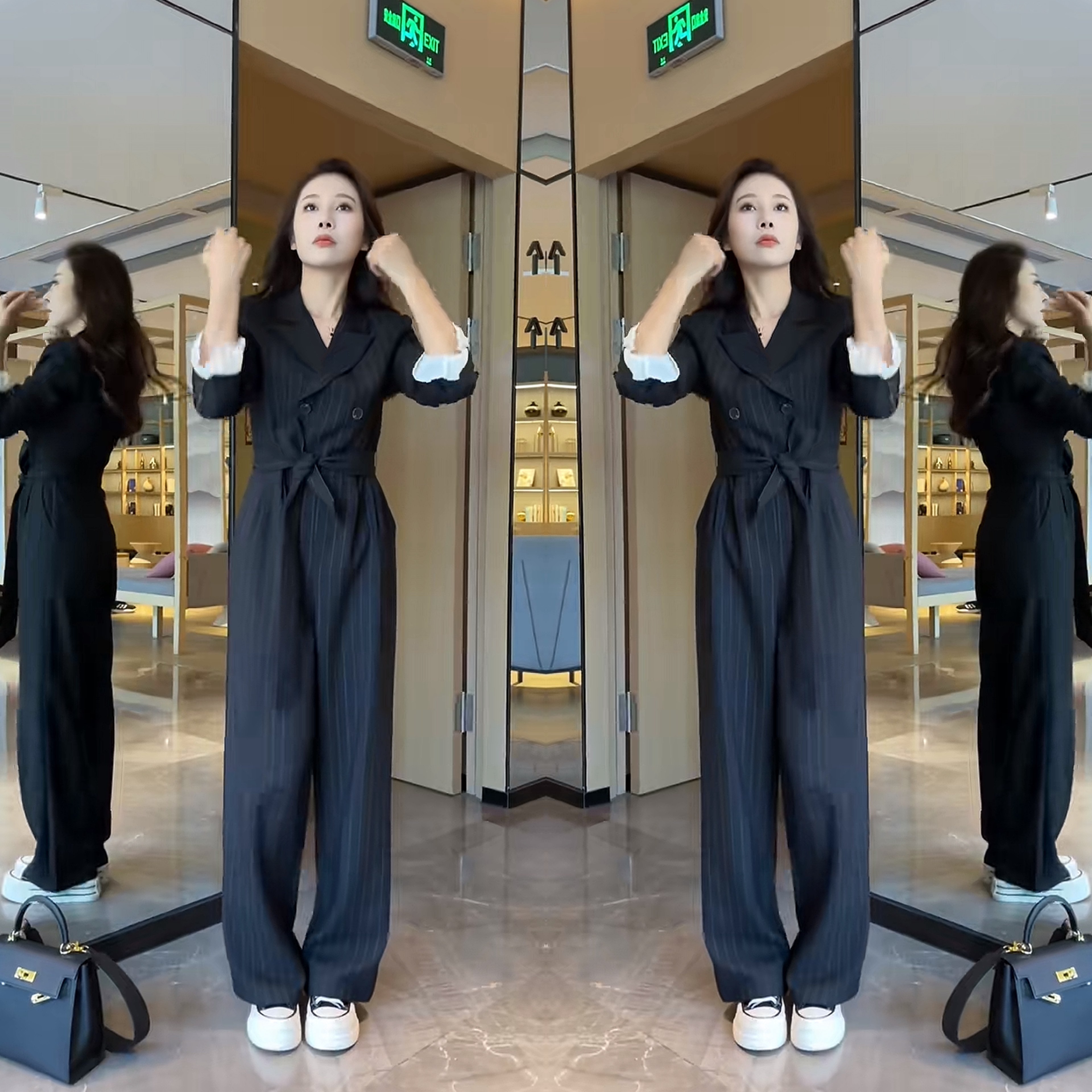 百搭修身显瘦条纹黑色连体衣裤女
