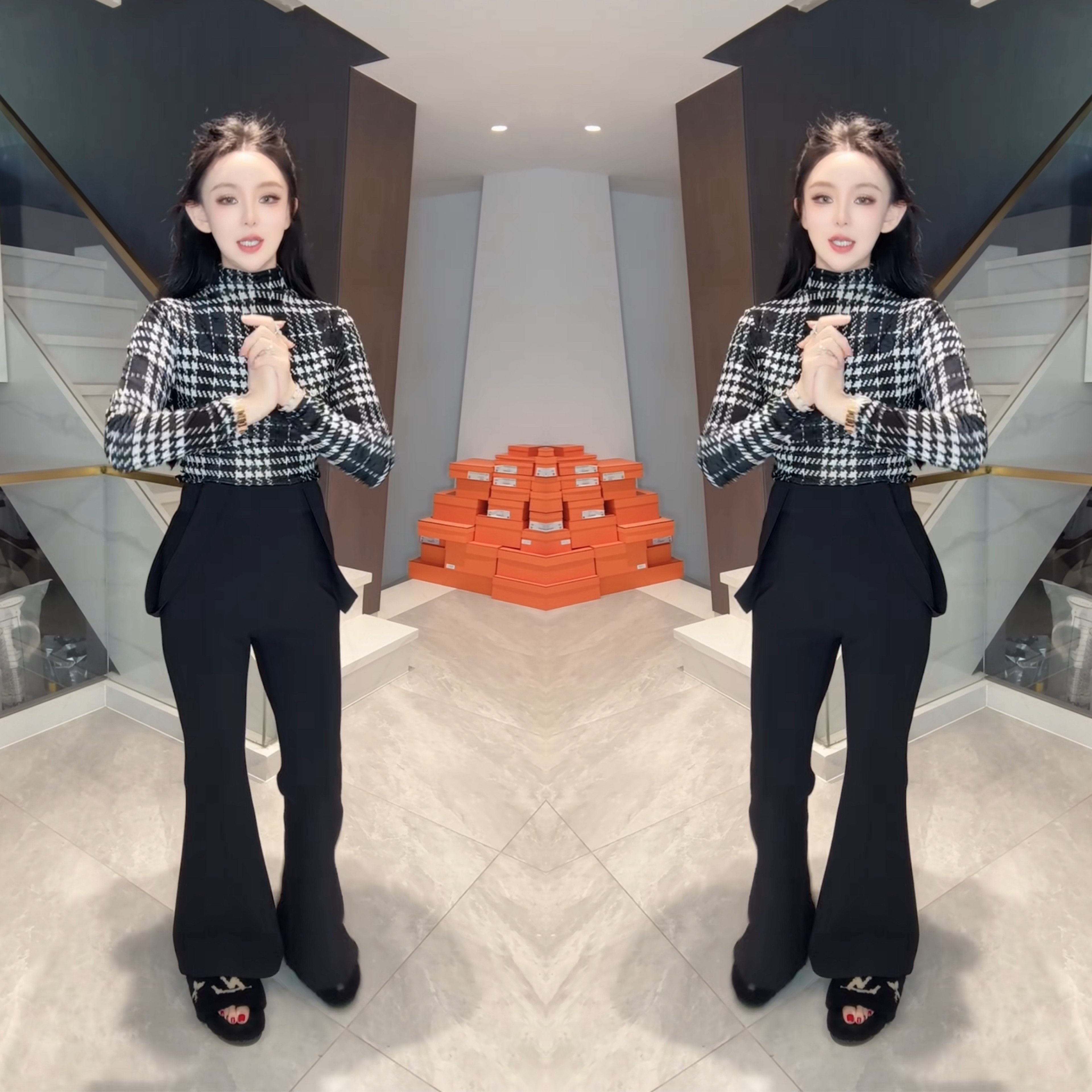 高领长袖打底衫黑色微喇背带裤女