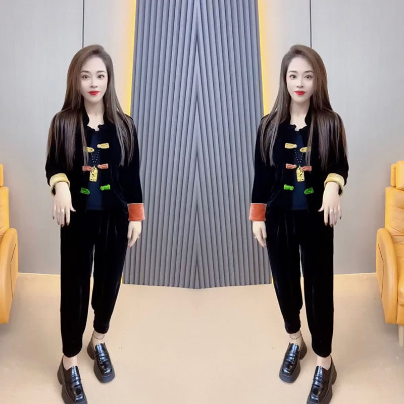 小个子时尚套装女2023年春季新款气质复古彩色盘扣丝绒外套哈伦裤