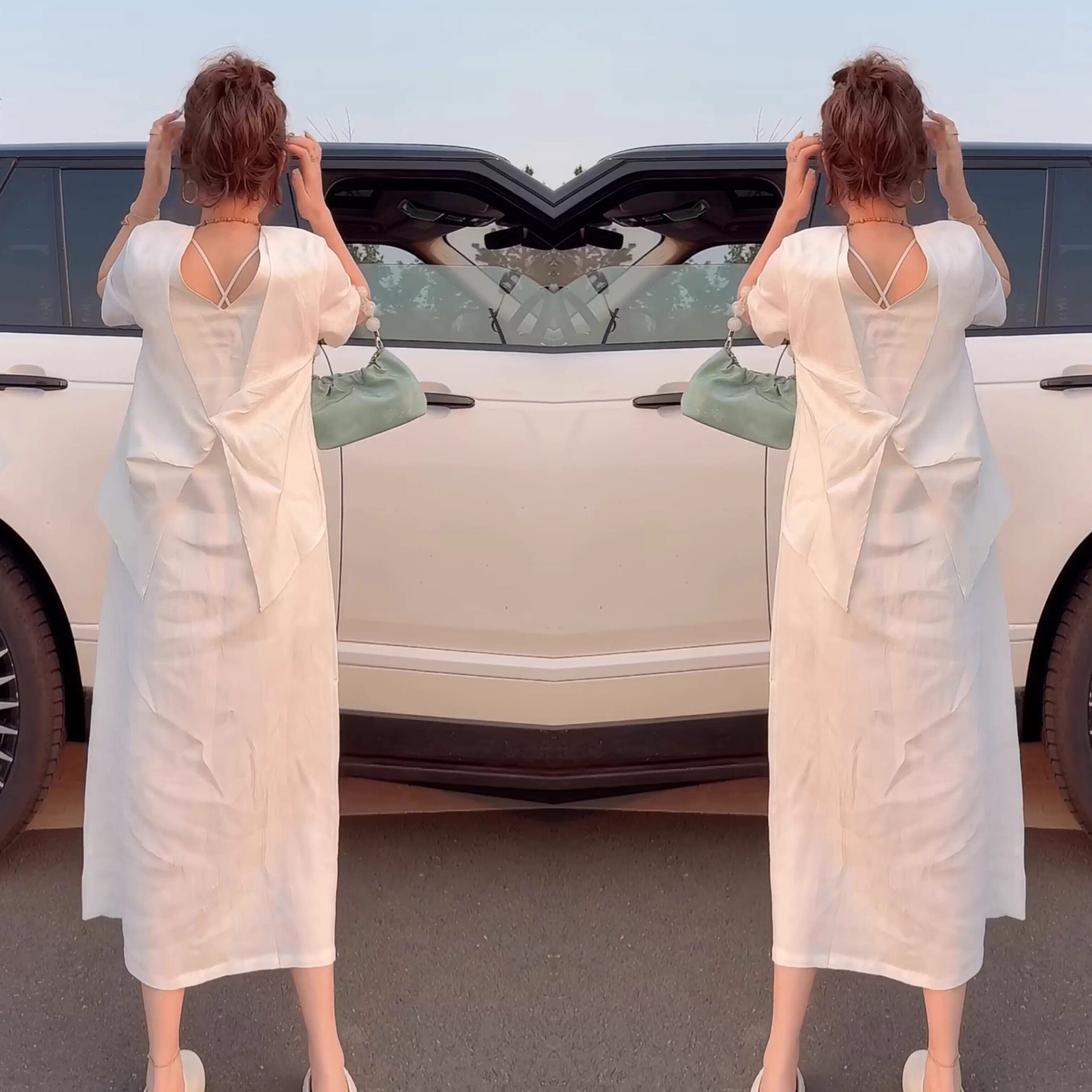 设计感后背蝴蝶结连衣裙女2025年夏季新款气质V零短袖显瘦长裙潮