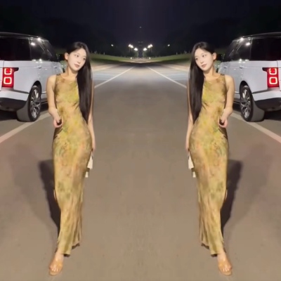 高级感复古晕染挂脖连衣裙