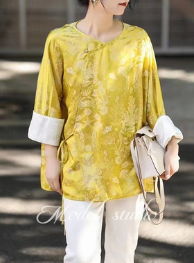 新中式百搭黄色提花真丝短款上衣复古斜襟盘扣圆领衬衫2025新款