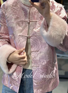 新中式冬季盘扣真丝外套满绣貂绒袖口小夹袄贵气高级感国风上衣