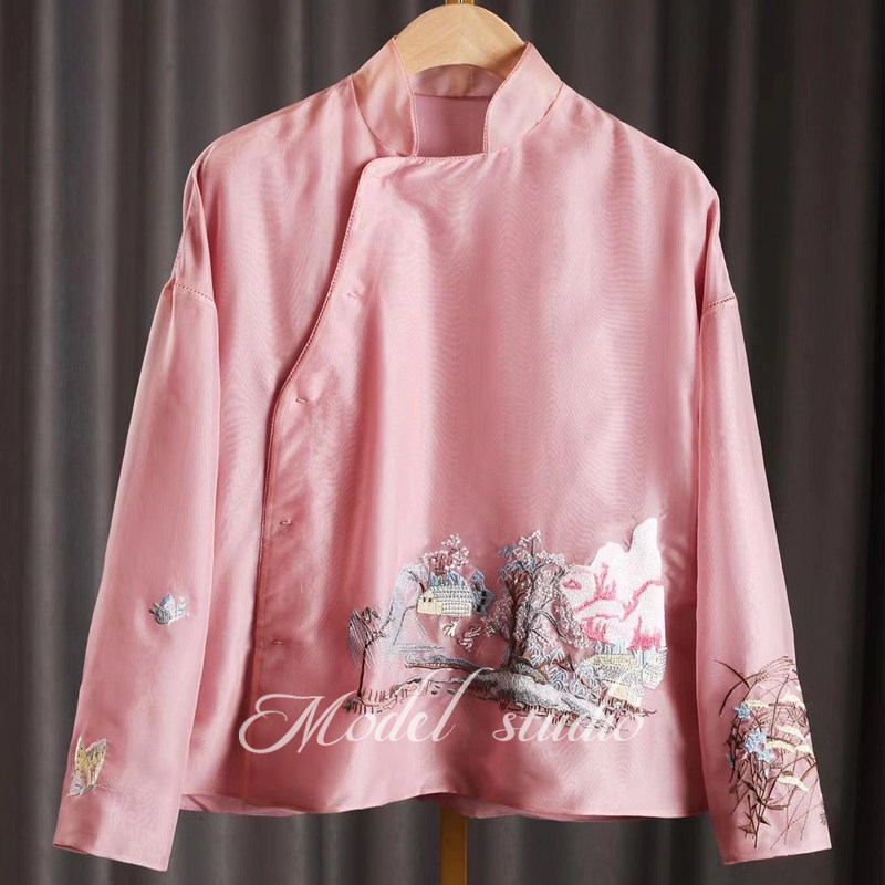 高端新中式立领真丝欧根纱斜襟短上衣女中国风汉服唐装粉色短外套