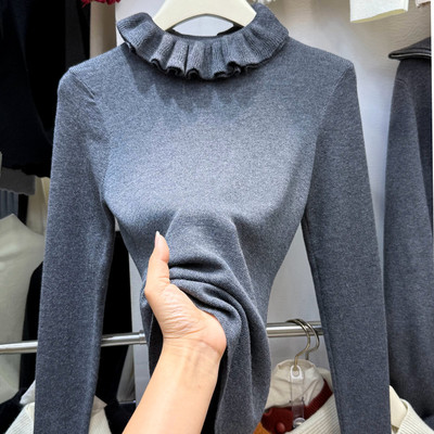 灰色花边领荷叶边针织打底衫女