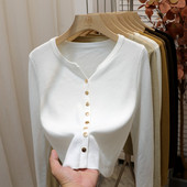 韩系温柔风格 v领毛衣女秋冬上衣 开衫 纯色金属扣简约短款 针织长袖