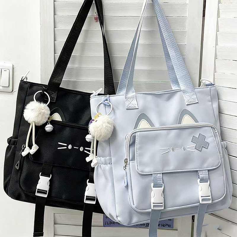 大容量通勤单肩包女学生上课补习手提袋可爱小猫咪斜挎包托特包女