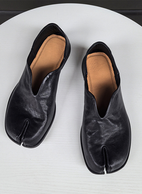 早秋季单鞋男女同款分趾鞋tabi真皮复古猪蹄鞋水洗马皮乐福鞋两穿