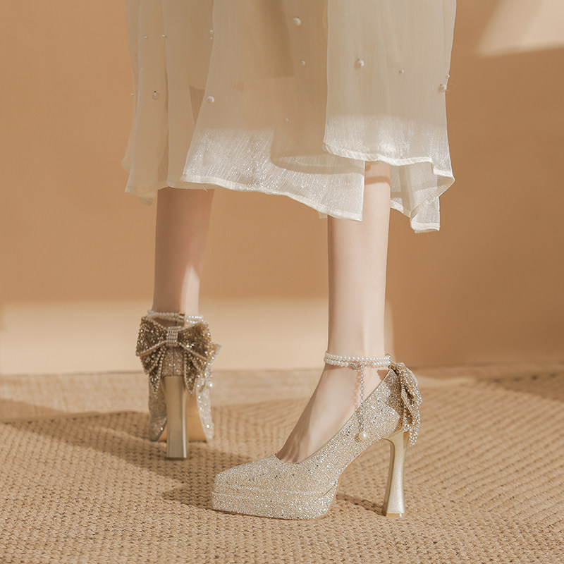 主婚纱神器小个子超高跟不累脚防水台法式香槟色婚鞋禾秀婚纱两穿