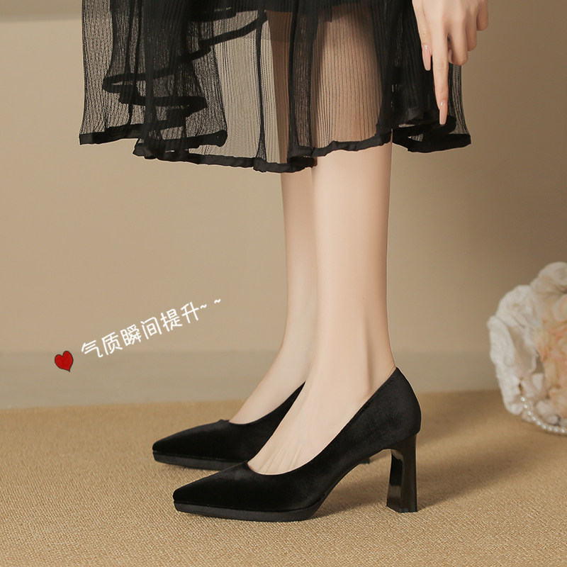 羊皮版~黑色绒面高跟鞋女粗跟防水台不累脚气质高级小个子单鞋女