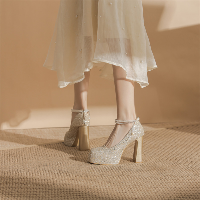 小个子超高跟鞋防水台水晶婚鞋秀禾婚纱两穿女粗跟厚底亮片配礼服