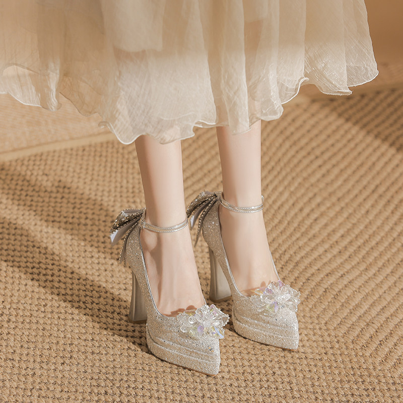 小个子超高跟防水台不累脚法式香槟色婚鞋禾秀婚纱两穿玛丽珍女鞋