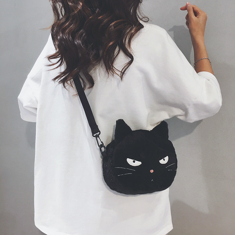 黑色丑萌猫咪毛绒包包女2025新款小众个性手机包休闲可爱斜挎小包,箱包皮具/热销女包/男包,通用款女包,淘宝优惠券,粉丝福利购,淘宝优惠卷